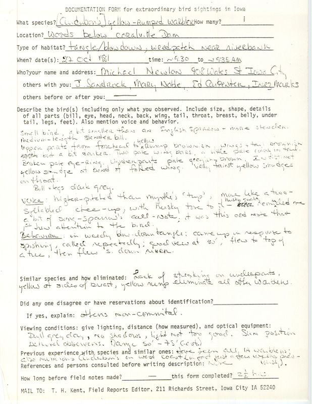 Rare bird documentation form for a Yellow-rumped Warbler at Coralville Dam in Johnson County, IA on October 27, 1981.