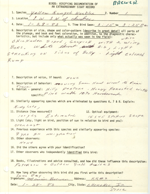 Rare bird documentation form for a Yellow-rumped Warbler northwest of Cherokee in Cherokee County, IA on January 28, 1983.