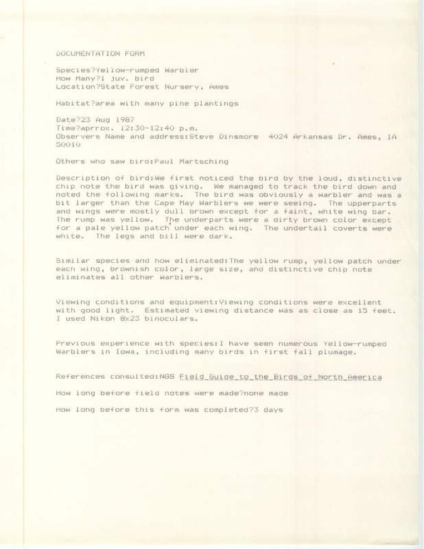 Rare bird documentation form for a Yellow-rumped Warbler at State Forest Nursery in Ames in Story County, IA on August 23, 1987.