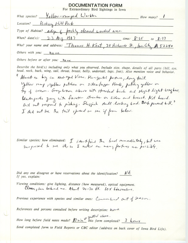 Rare bird documentation form for a Yellow-rumped Warbler at Hickory Hill Park in Johnson County, IA on August 23, 1987.