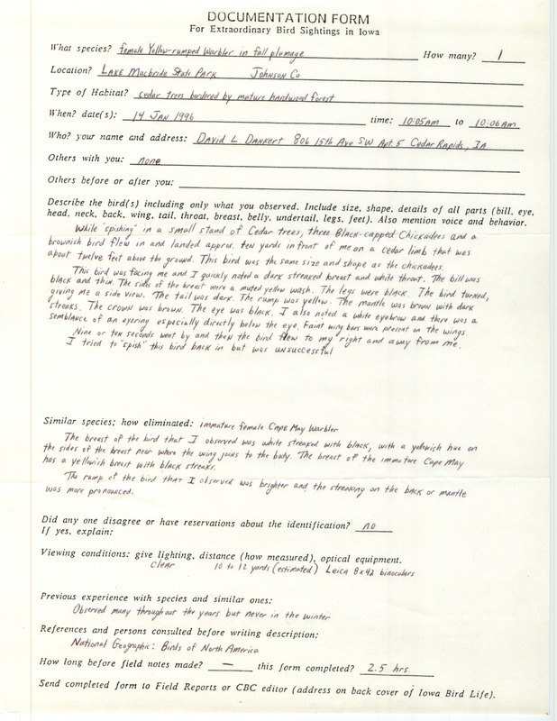 Rare bird documentation form for a Yellow-rumped Warbler at Lake MacBride State Park in Johnson County, IA on January 14, 1996.