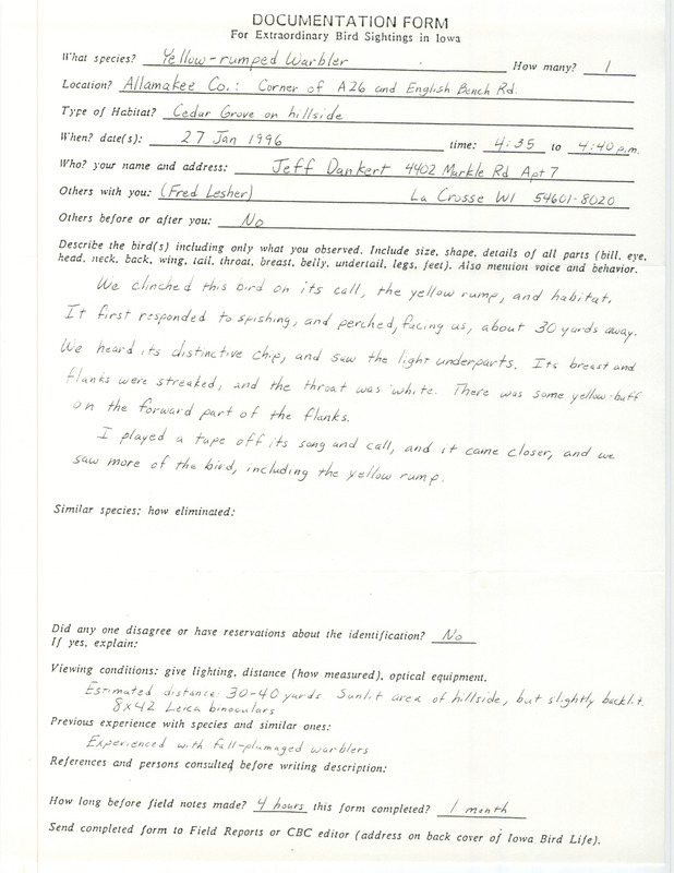 Rare bird documentation form for a Yellow-rumped Warbler at Union City Township in Allamakee County, IA on January 27, 1996.