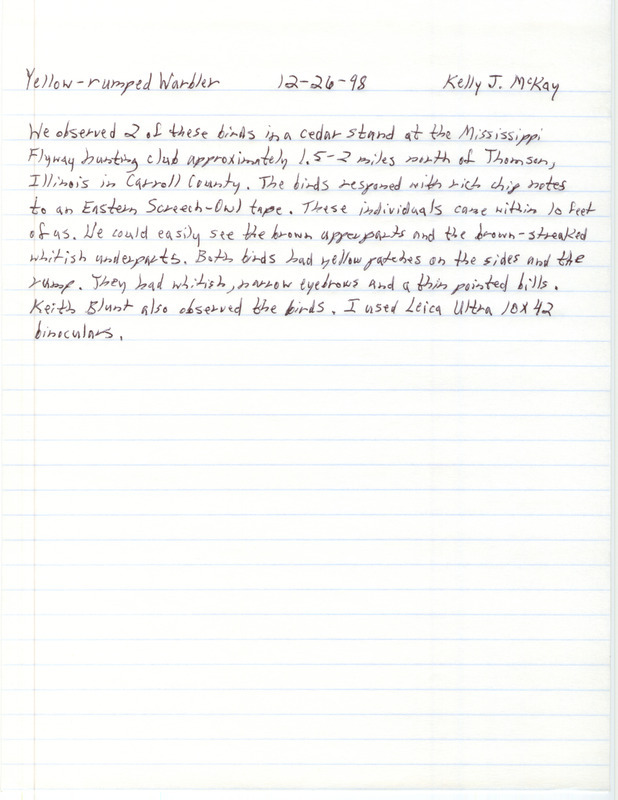 Rare bird documentation form for two Yellow-rumped Warblers at the Mississippi Flyway Hunting Club in Clinton County, IA on December 26, 1998.