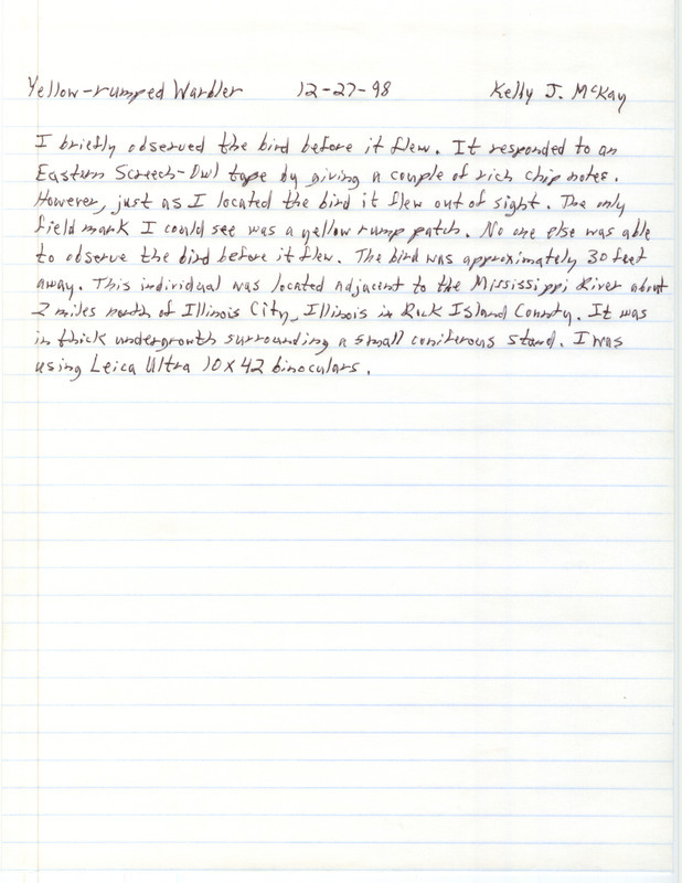 Rare bird documentation form for a Yellow-rumped Warbler near Illinois City in Rock Island County, IL on December 27, 1998.