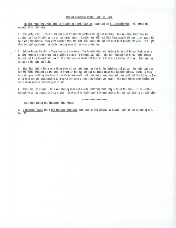 Details for several rare species seen at the Christmas Bird County including the Yellow-rumped Warbler in the Rathbun area in Appanoose County, IA on December 19, 1998, documented by Bill Heusinkveld.