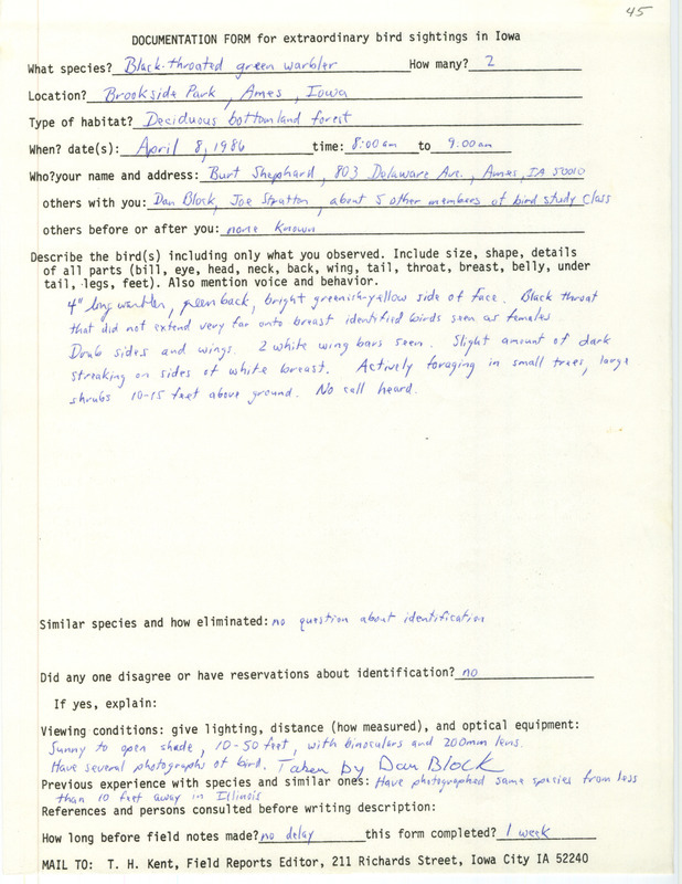 Rare bird documentation form for two Black-throated Green Warblers at Brookside Park in Ames in Story County, IA on April 8, 1986.