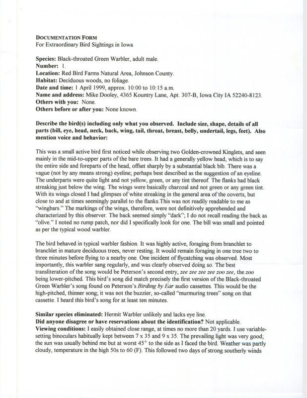 Rare bird documentation form for a Black-throated Green Warbler at Redbird Farms Wildlife Area in Johnson County, IA on April 1, 1999.