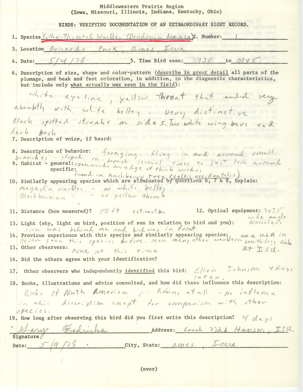 Rare bird documentation form for a Yellow-throated Warbler at Brookside Park in Ames in Story County, IA on May 4, 1978.