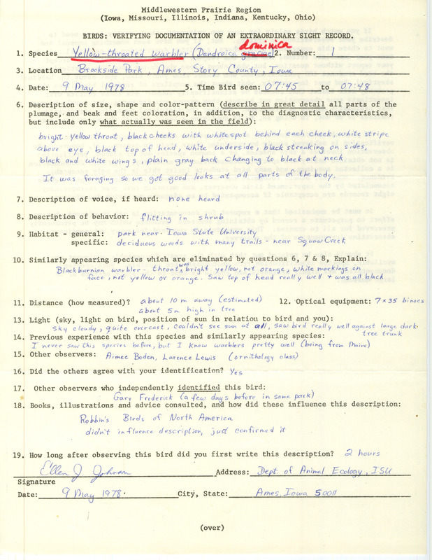 Rare bird documentation form for a Yellow-throated Warbler at Brookside Park in Ames in Story County, IA on May 9, 1978.