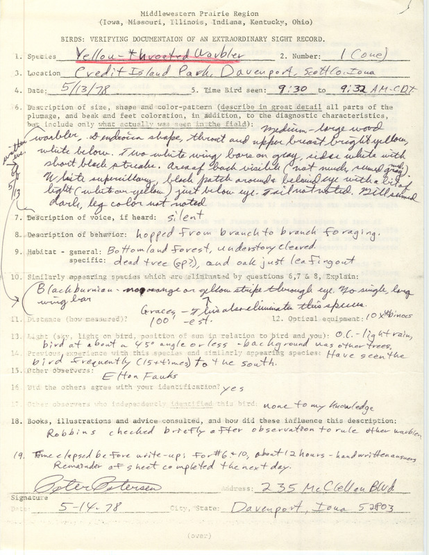 Rare bird documentation form for Yellow-throated Warbler at Credit Island Park in Davenport in Scott County, IA on May 13, 1978.