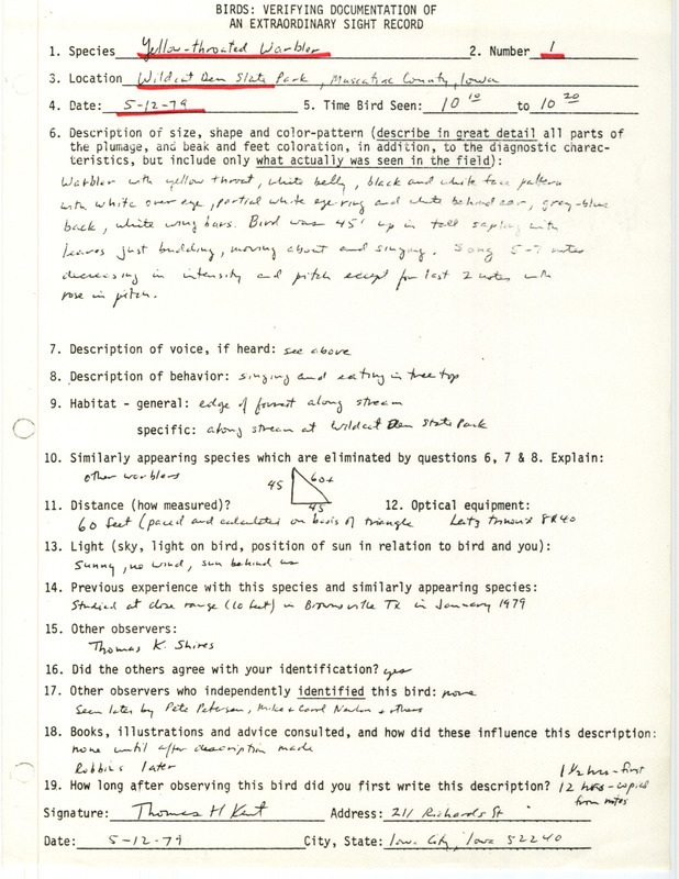 Rare bird documentation form for a Yellow-throated Warbler at Wildcat Den State Park in Muscatine County, IA on May 12, 1979.