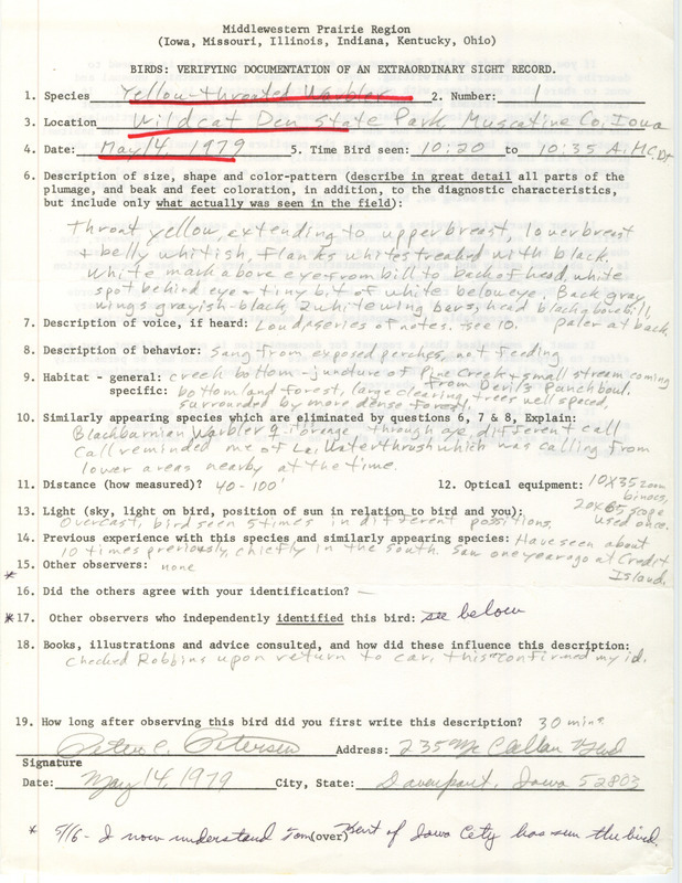 Rare bird documentation form for a Yellow-throated Warbler at Wildcat Den State Park in Muscatine County, IA on May 14, 1979.