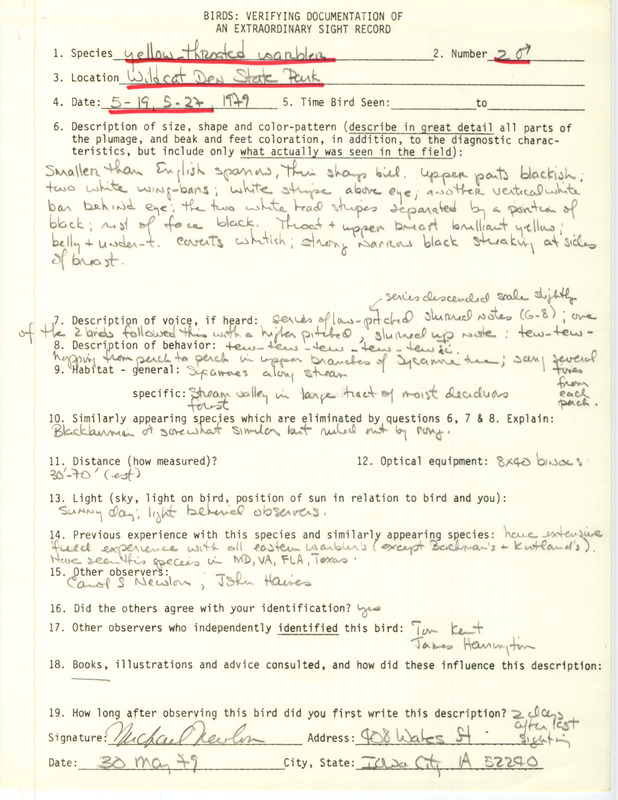 Rare bird documentation form for two Yellow-throated Warblers at Wildcat Den State Park in Muscatine County, IA on May 19 and May 27, 1979.