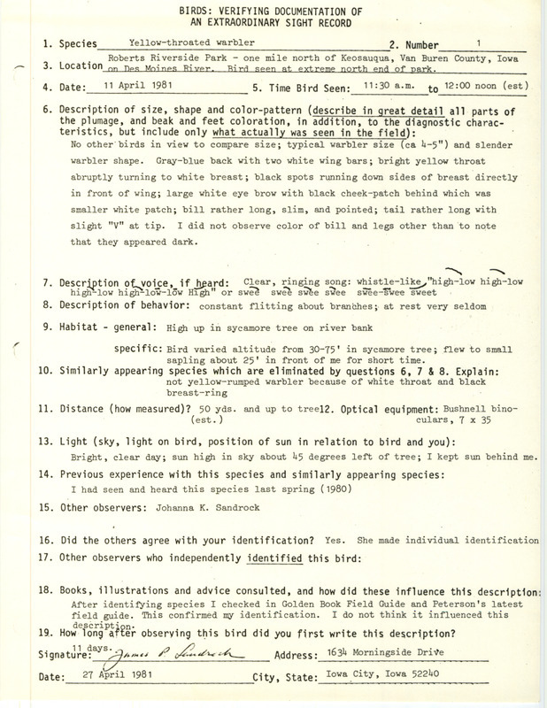 Rare bird documentation form for a Yellow-throated Warbler at Roberts Riverside Park in Van Buren County, IA on April 11, 1981.