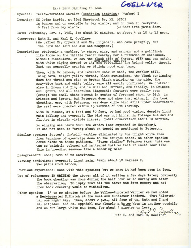 Rare bird documentation form for a Yellow-throated Warbler at Cedar Rapids in Linn County, IA on November 4, 1981.