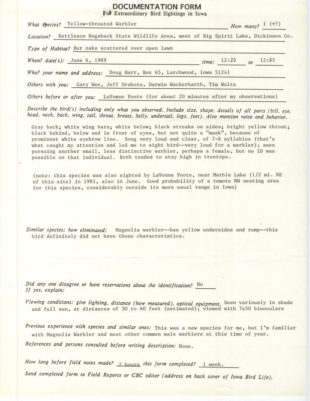 Rare bird documentation form for one or more Yellow-throated Warblers at Kettleson Hogsback State Wildlife Area in Dickinson County, IA on June 6, 1989.