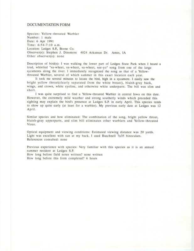 Rare bird documentation form for a Yellow-throated Warbler at Ledges State Park in Boone County, IA on April 6, 1991.