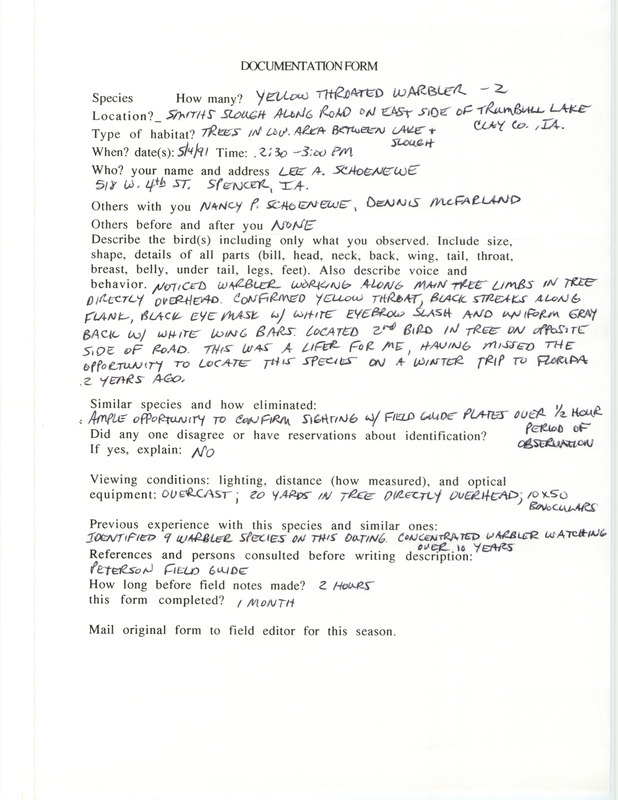 Rare bird documentation form for two Yellow-throated Warblers at Smiths Slough in Clay County, IA on May 4, 1991.