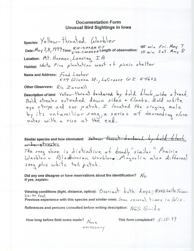 Rare bird documentation form for a Yellow-throated Warbler at Mount Hosmer Park in Lansing in Allamakee County, IA on May 7 and May 8, 1999.