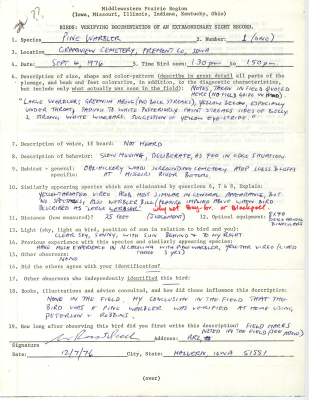 Rare bird documentation form for a Pine Warbler at Grandview Cemetery in Fremont County, IA on September 4, 1976.