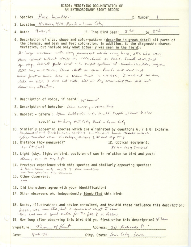 Rare bird documentation form for a Pine Warbler at Hickory Hill Park in Iowa City in Johnson County, IA on September 9 ,1979.