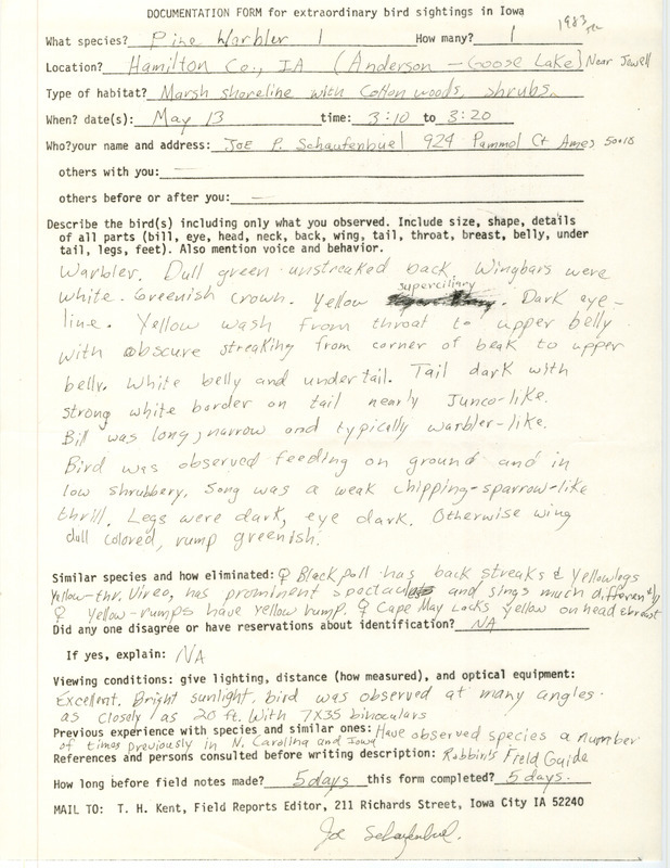 Rare bird documentation form for a Pine Warbler at Anderson Goose Lake in Hamilton County, IA on May 13, 1983.