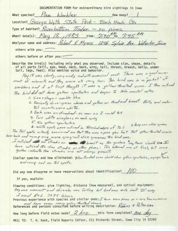 Rare bird documentation form for a Pine Warbler at George Wyth State Park in Black Hawk County, IA on May 18, 1983.