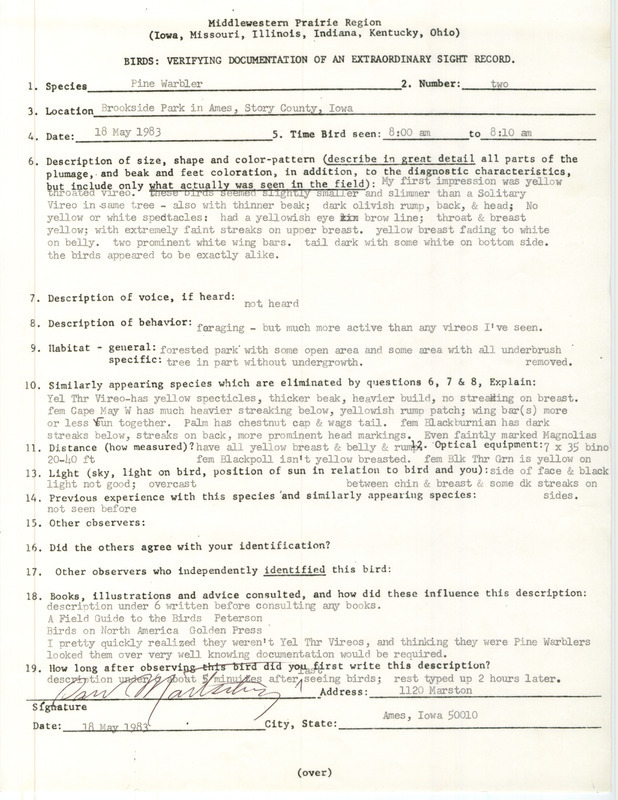 Rare bird documentation form for two Pine Warblers at Brookside Park in Ames in Story County, IA on May 18, 1983.