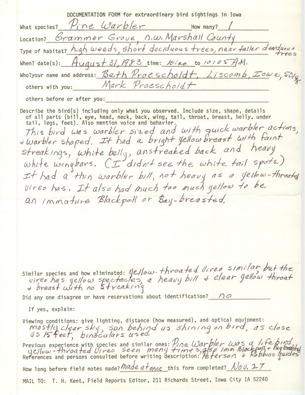 Rare bird documentation form for a Pine Warbler at Grammer Grove County Wildlife Area in Marshall County, IA on August 31, 1983.