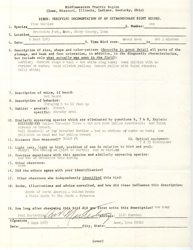 Rare bird documentation form for a Pine Warbler at Brookside Park in Ames in Story County, IA on September 6, 1983.