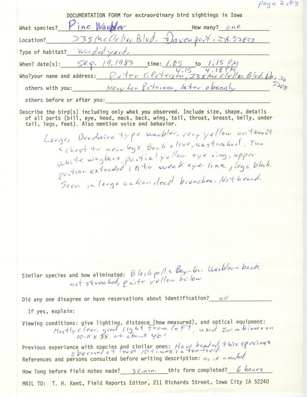 Rare bird documentation form for a Pine Warbler at Davenport in Scott County, IA on September 19, 1983.