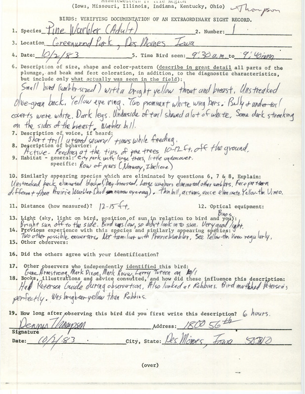 Rare bird documentation form for a Pine Warbler at Greenwood Park in Des Moines in Polk County, IA on October 2, 1983.