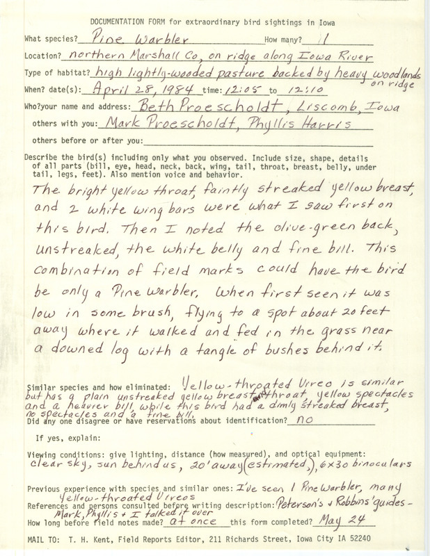 Rare bird documentation form for a Pine Warbler in northern Marshall County, IA on April 28, 1984.