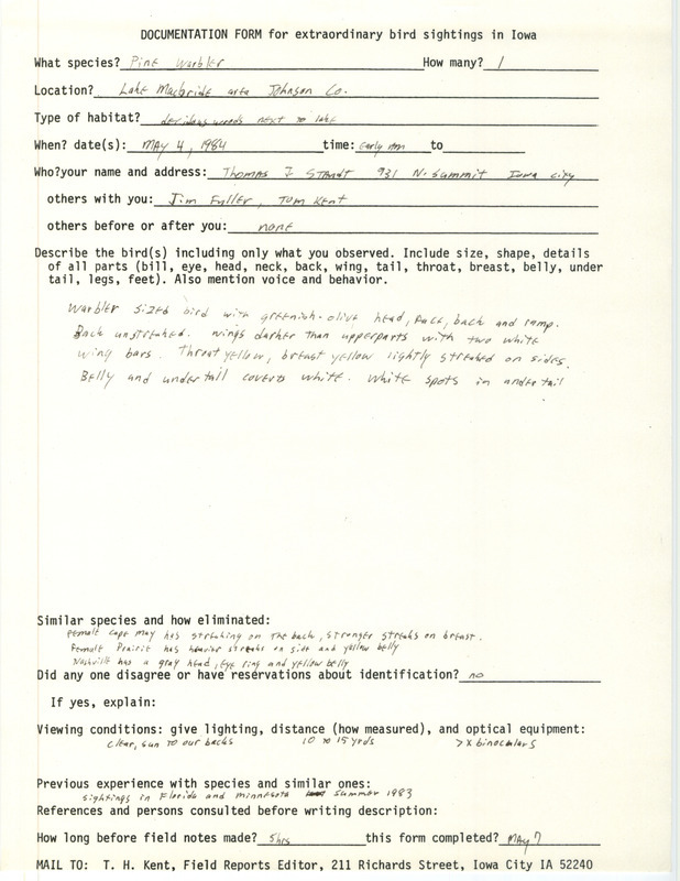 Rare bird documentation form for a Pine Warbler at Lake MacBride State Park in Johnson County, IA on May 4, 1984.