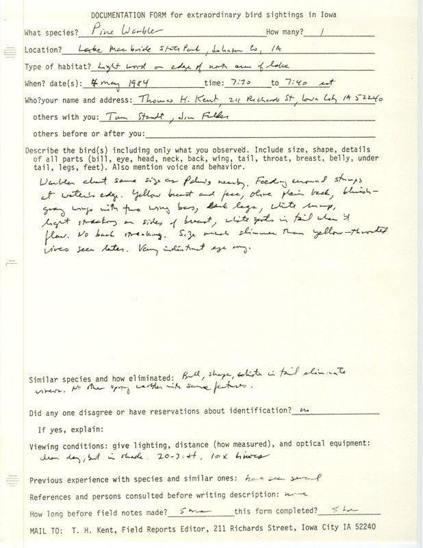 Rare bird documentation form for a Pine Warbler at Lake MacBride State Park in Johnson County, IA on May 4, 1984.