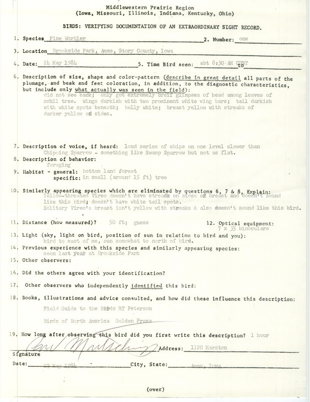 Rare bird documentation form for a Pine Warbler at Brookside Park in Ames in Story County, IA on May 24, 1984.