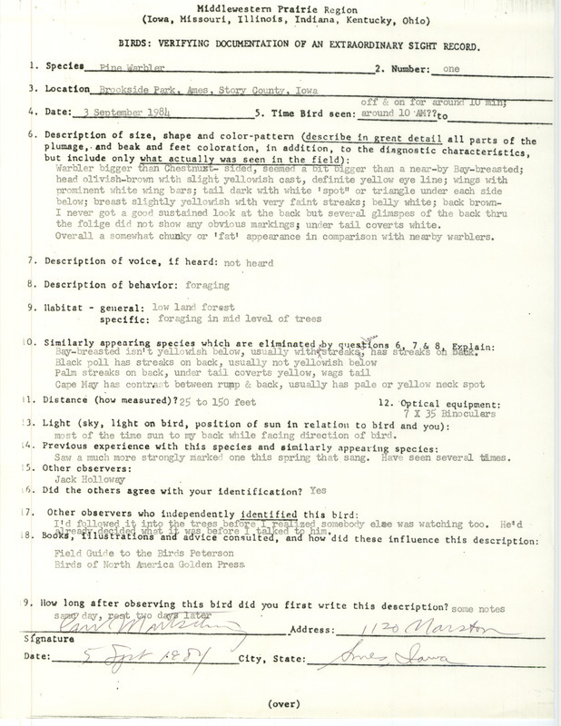 Rare bird documentation form for a Pine Warbler at Brookside Park in Ames in Story County, IA on September 3, 1984.