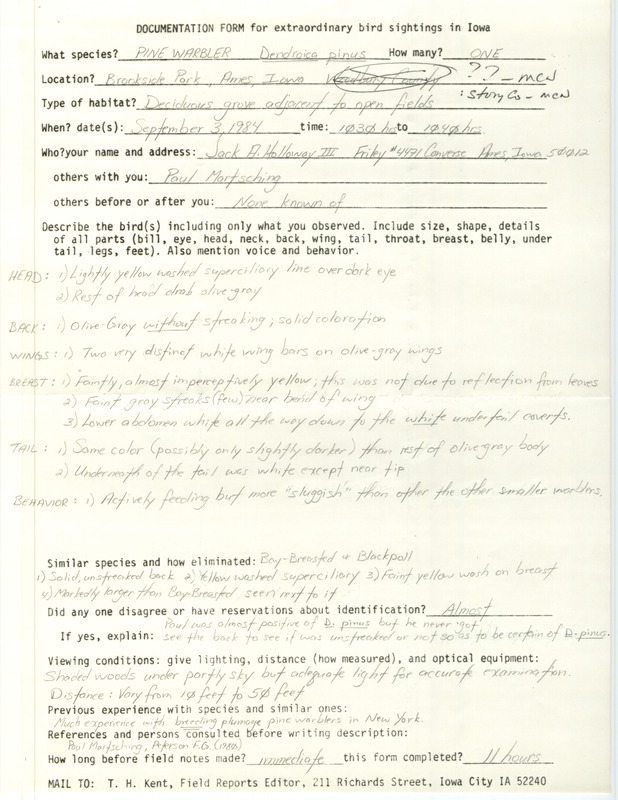 Rare bird documentation form for a Pine Warbler at Brookside Park in Ames in Story County, IA on September 3, 1984.