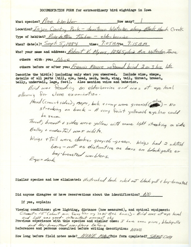 Rare bird documentation form for a Pine Warbler at Hope Martin Memorial Park in Waterloo in Black Hawk County, IA on September 5, 1984.