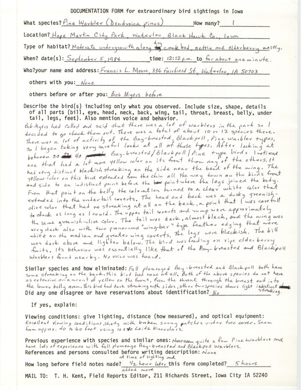 Rare bird documentation form for a Pine Warbler at Hope Martin Memorial Park in Waterloo in Black Hawk County, IA on September 5, 1984.