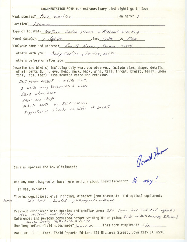 Rare bird documentation form for a Pine Warbler at Laurens in Pocahontas County, IA on September 7, 1984.