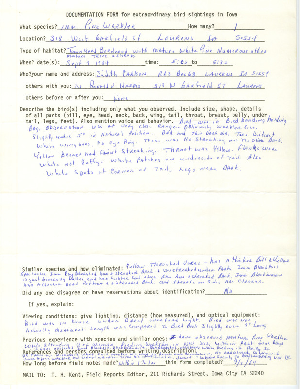 Rare bird documentation form for a Pine Warbler at Laurens in Pocahontas County, IA on September 7, 1984.