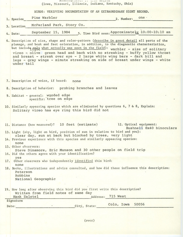 Rare bird documentation form for a Pine Warbler at McFarland Lake Park in Story County, IA on September 15, 1984.