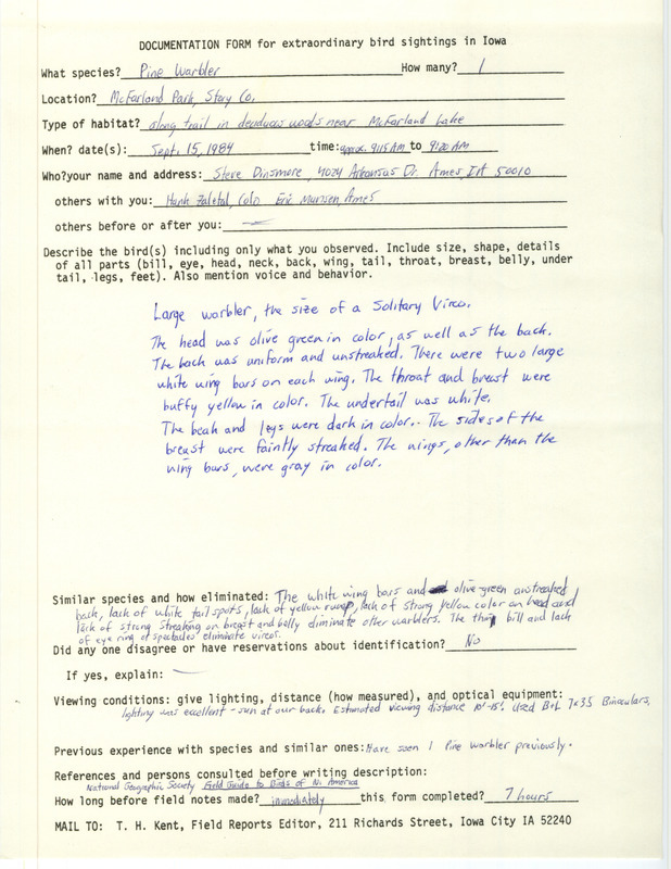 Rare bird documentation form for a Pine Warbler at McFarland Park in Story County, IA on September 15, 1984.