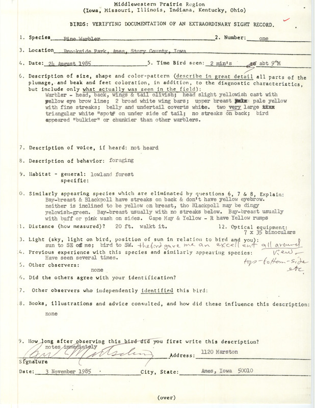 Rare bird documentation form for a Pine Warbler at Brookside Park in Ames in Story County, IA on August 24, 1985.