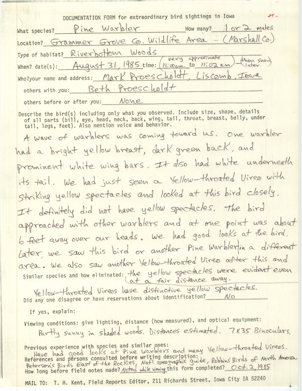 Rare bird documentation form for one or two Pine Warblers at Grammer Grove County Wildlife Area in Marshall County, IA on August 31, 1985.