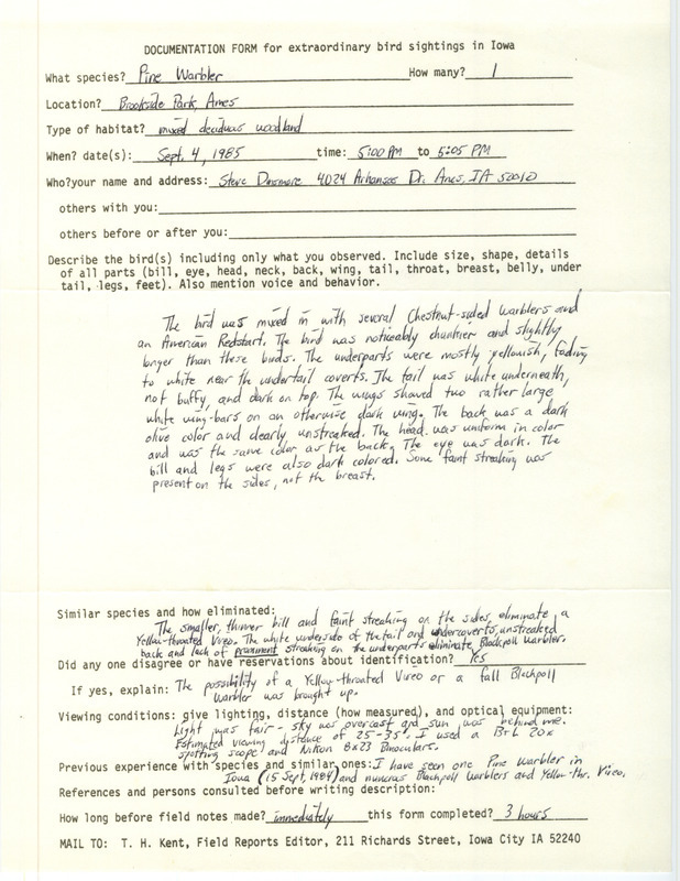 Rare bird documentation form for a Pine Warbler at Brookside Park in Ames in Story County, IA on September 4, 1985.