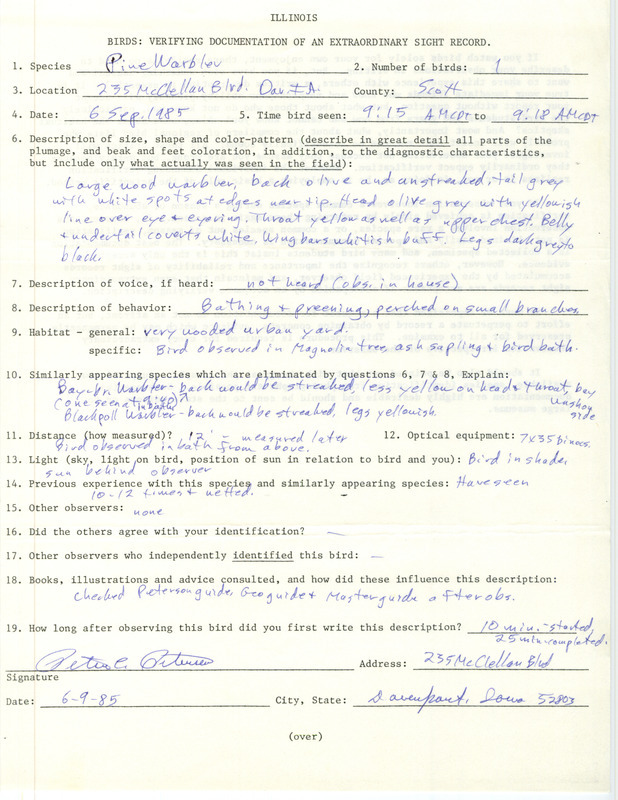 Rare bird documentation form for a Pine Warbler at Davenport in Scott County, IA on September 6, 1985.