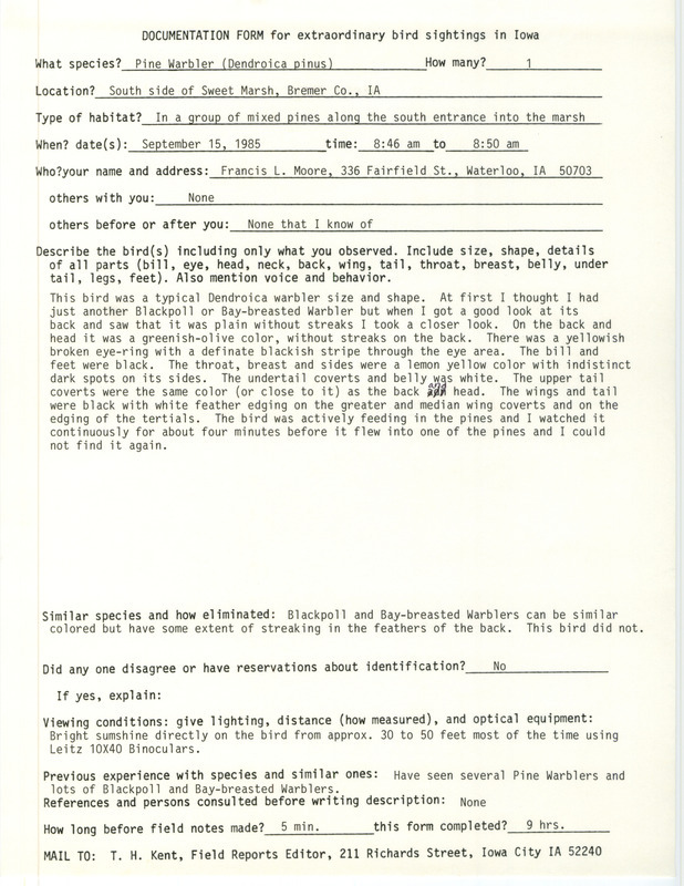 Rare bird documentation form for a Pine Warbler at Sweet March in Bremer County, IA on September 15, 1985.