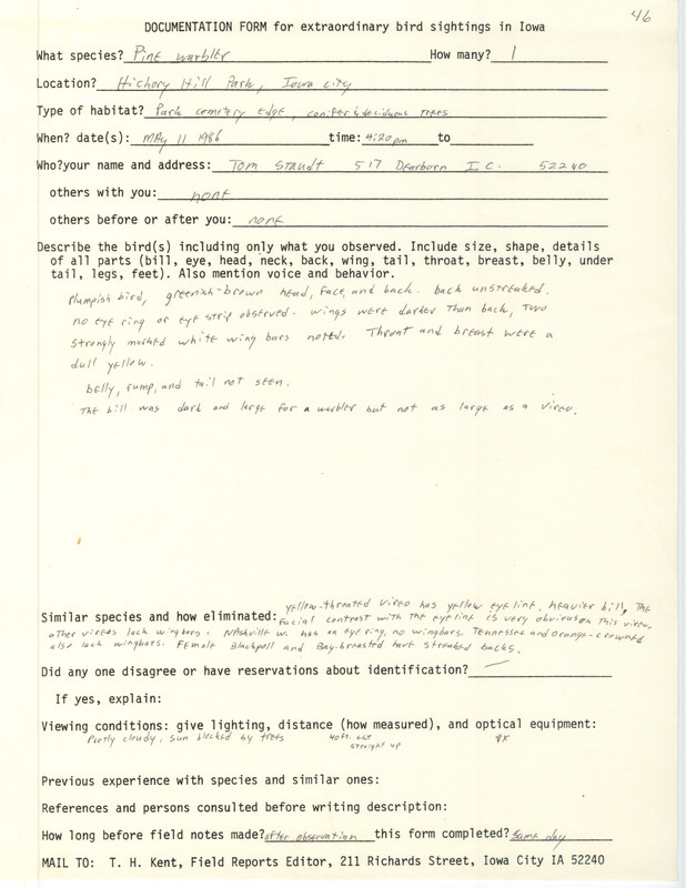 Rare bird documentation form for a Pine Warbler at Hickory Hill Park in Iowa City in Johnson County, IA on May 11, 1986.